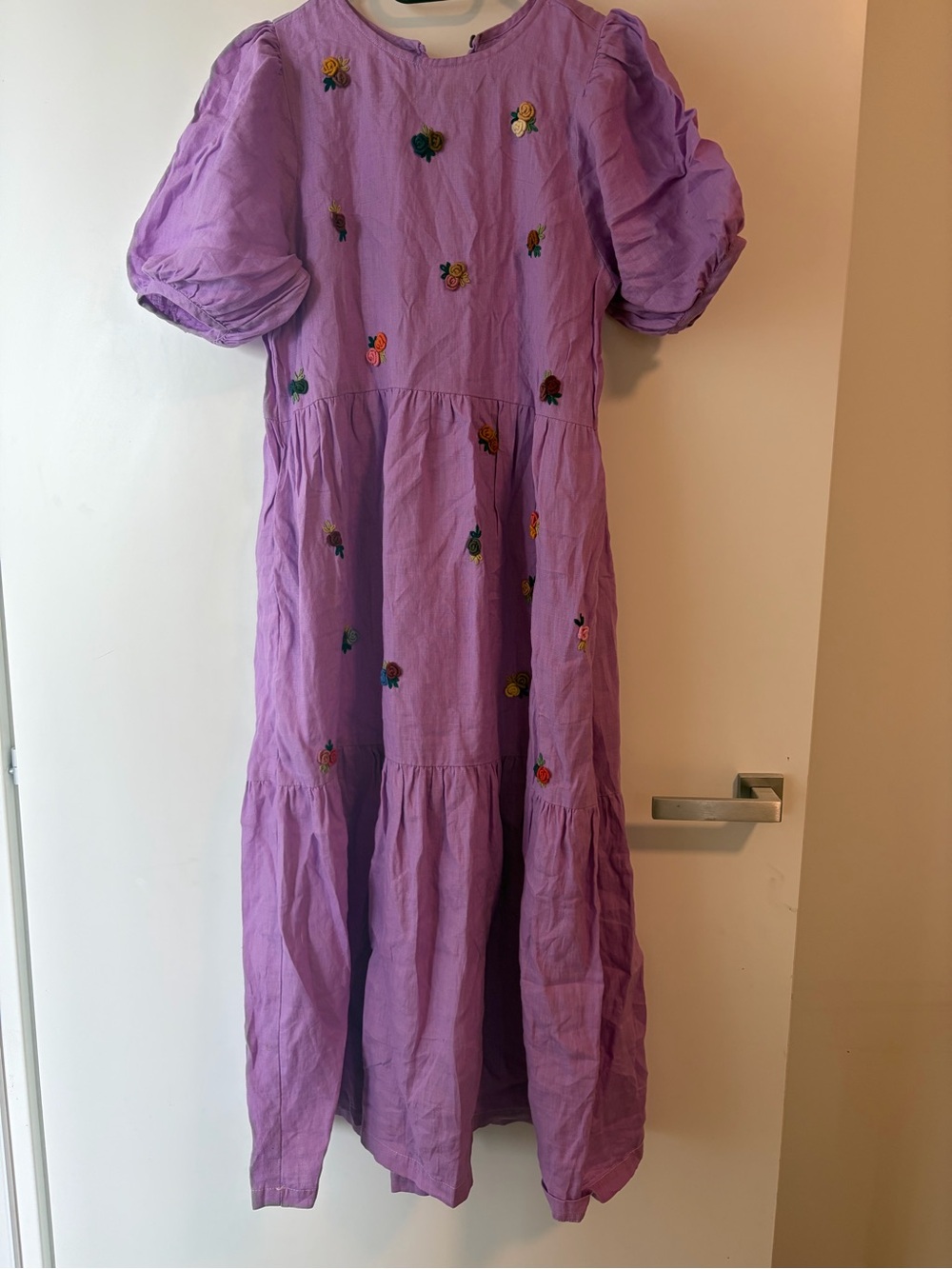 100% Irish linen lilac maxi Embroidered Puff Sleeve dress fairy princess